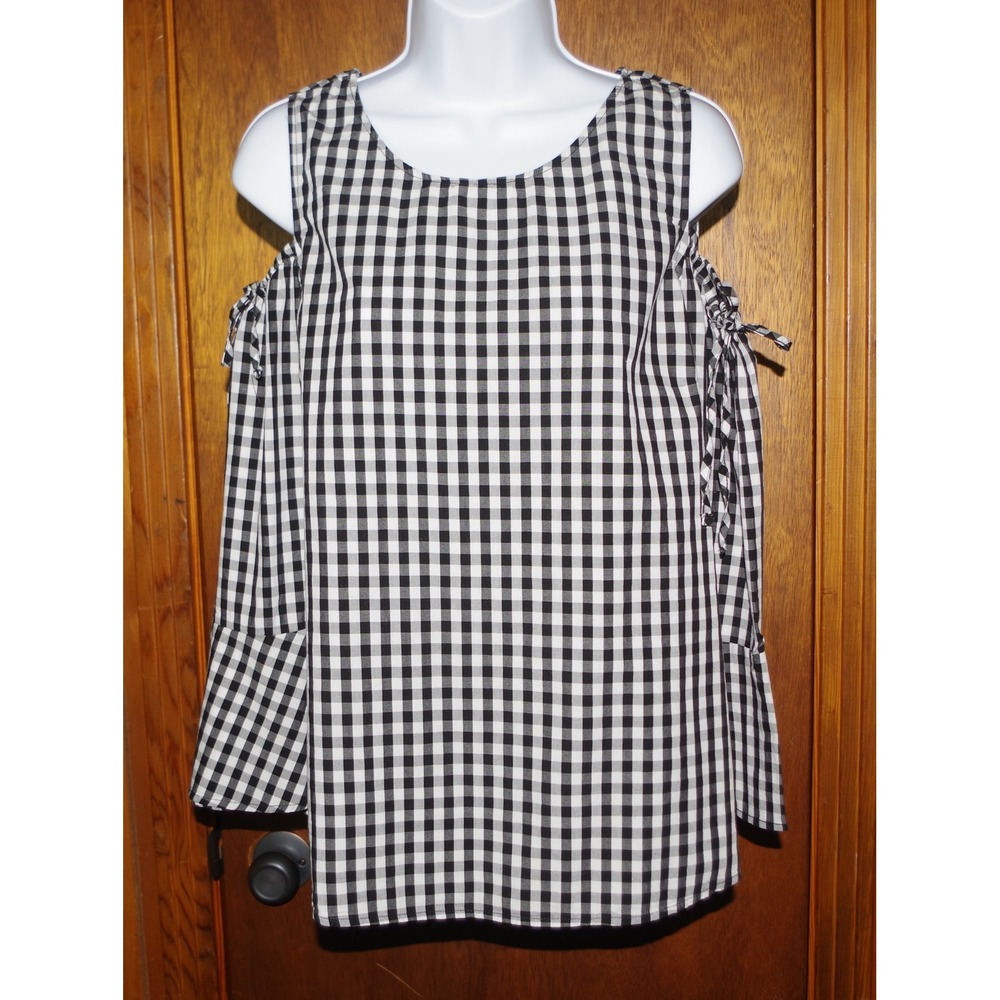 Signature Studio Womens Black White Gingham Cold Shoulder Tie Sleeve Blouse L